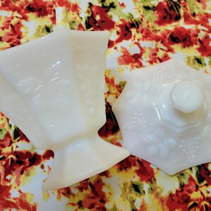 Vintage White Milkglass Octagonal Candy Dish with Grapes & Leaves on a Vine
