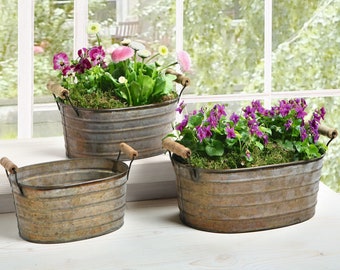 Set of 3 Galvanized Oval Planter Tubs with Handles | Farmhouse Décor Nested Rustic Tin Containers (6.5" / 8" / 9.5")