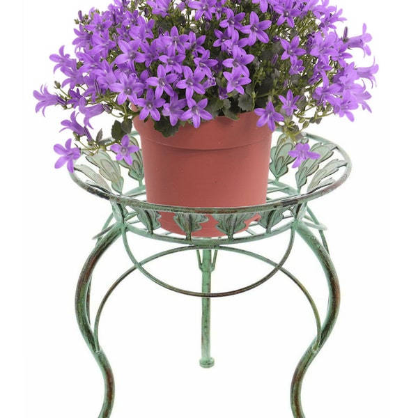 13" Round Metal Plant Stand with Peacock Tail Motif and Curved Legs