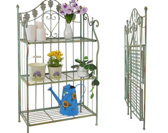 41 in. Pre-Assembled Folding Metal Plant Stand Shelf Unit Outdoor Baker's Rack with Scrolling Heart & Peacock Tail Motif  - Verdigris Green