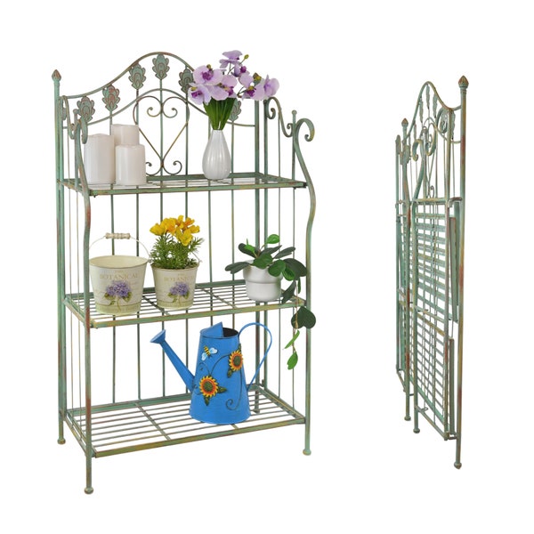 41 in. Pre-Assembled Folding Metal Plant Stand Shelf Unit Outdoor Baker's Rack with Scrolling Heart & Peacock Tail Motif  - Verdigris Green