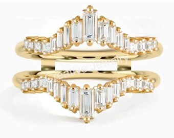 VVS1/D White Baguette Diamond Enhancer Wrap Ring, 925 Sterling Silver Ring Guard, 14K Yellow Gold Finish, Stunning Guard Ring, Wedding Ring