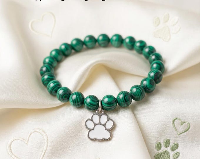 Featured listing image: Malachite Paw Charm Bracelet: Dog Cancer Awareness & Healing Stone Jewelry for Pet Lovers