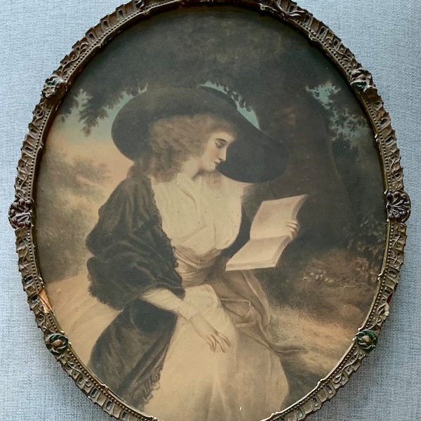 Antique Ornate Oval Framed Print Woman Reading