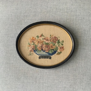 Vintage Small Oval Framed Needlepoint Vase Of Flowers