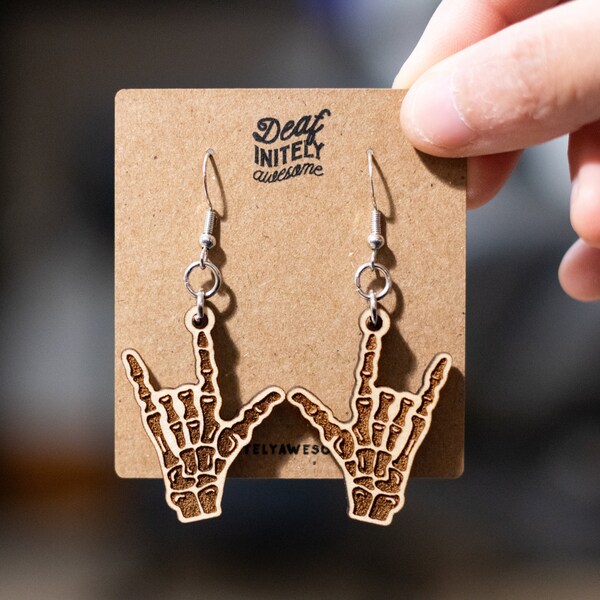 ASL I Love You Skeleton Earrings | Wood Dangle American Sign Language