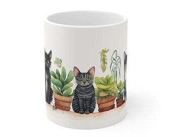 Cute Cat & Plant Ceramic Mug 11oz