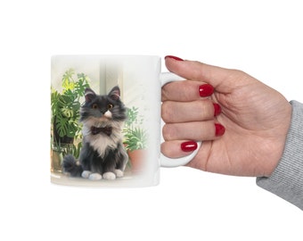 Cute Cat & Plant Ceramic Mug 11oz