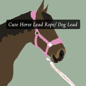 May include: An illustration of a horse's head, featuring a pink halter and lead rope. The text "Cute Horse Lead Rope/ Dog Lead" is displayed on a black banner. The horse is brown, set against a green backdrop.