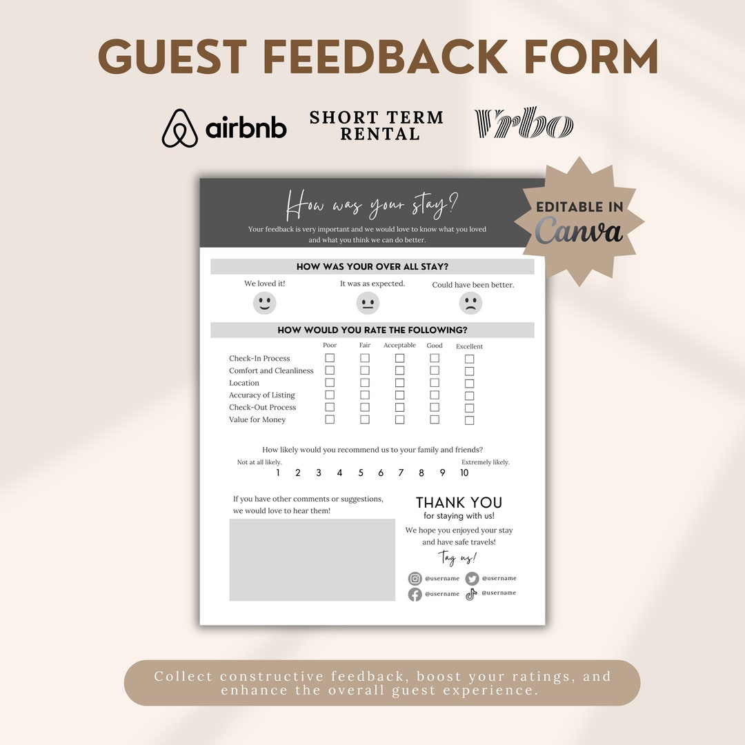 Airbnb Guest Feedback Form Editable Canva Template Airbnb Feedback