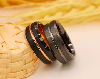 8mm Wide Tungsten Ring, Men's Tungsten Wedding Bands, Men's Black Wedding Band, Black Tungsten Ring, Rose Gold Tungsten Ring, Rose Gold Band