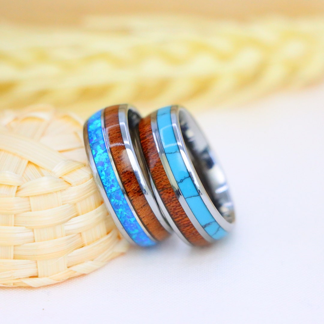Turquoise Inlay Rings Hawaiian Koa & Blue Turquoise Inlay Rings,koa Wood Tungsten Wedding ...