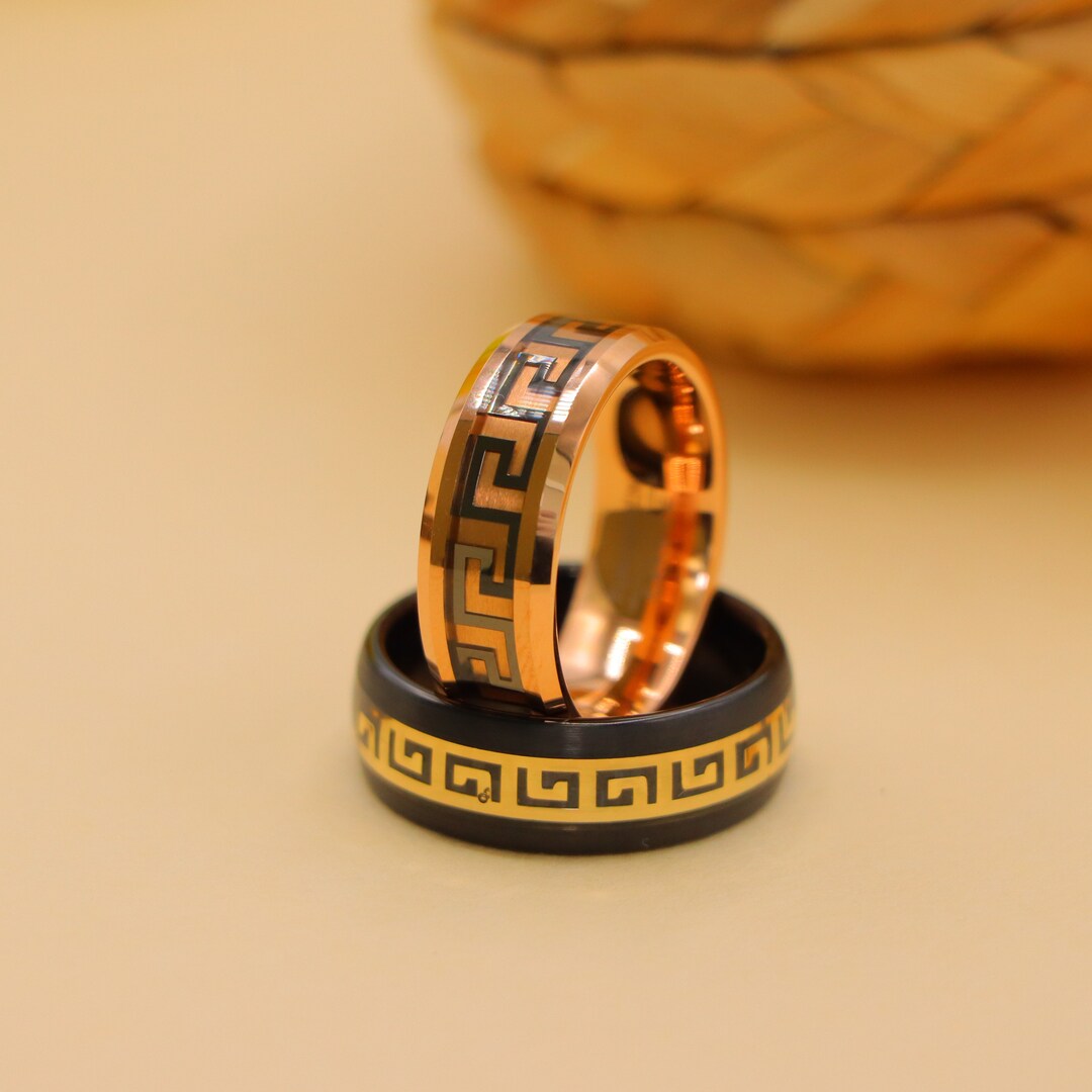 Greek Key Inlay Tungsten Ring, Black and Gold Ring, Man's Anniversary ...