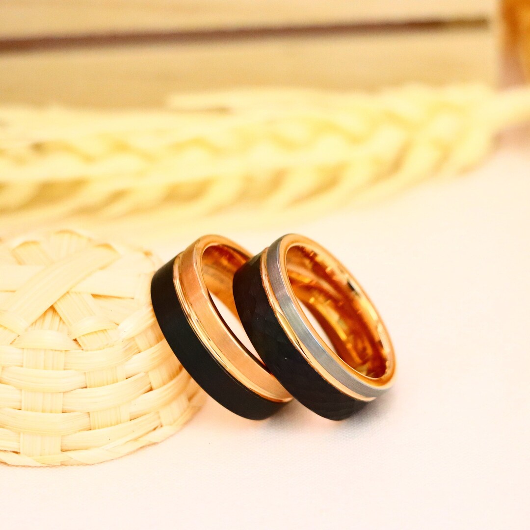 Rose Gold Promise Ring Tungsten Pipe Cut Ring off Center Etsy