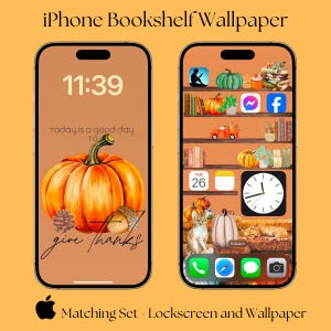 May include: A digital phone screen with a fall-themed wallpaper. The wallpaper features a bookshelf with books, pumpkins, and other autumn decorations. The phone screen also displays the time, "11:39", and the text "Today is a good day to give thanks".