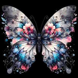 Puede incluir: Una mariposa colorida con detalles intrincados y patrones florales en sus alas. La mariposa está sobre un fondo negro.
