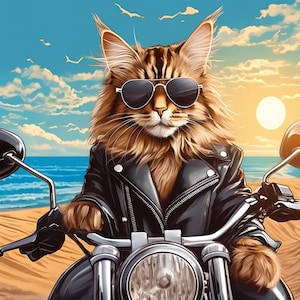 Pode incluir: Ilustração de um gato Maine Coon usando óculos de sol e uma jaqueta de couro preta, andando de moto na praia. O fundo apresenta um céu azul, o oceano e um sol poente. O gato tem pelo marrom e castanho.