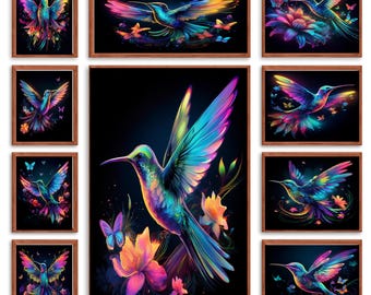 Descarga digital de imágenes prediseñadas de 500 JPG de colibríes iridiscentes de neón para uso comercial (NEONHUMMINGBIRDS1-500)