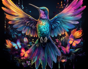 Descarga digital de imágenes prediseñadas de 100 JPG de colibríes iridiscentes de neón para uso comercial (NEONHUMMINGBIRDS1-100)