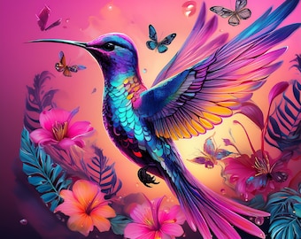 Descarga digital de imágenes prediseñadas de 100 JPG de colibríes iridiscentes de neón para uso comercial (NEONHUMMINGBIRDS301-400)