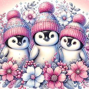 Könnte beinhalten: Drei entzückende Pinguine tragen rosa und weiße Wintermützen mit Bommeln. Die Pinguine sind von rosa und weißen Blumen umgeben.