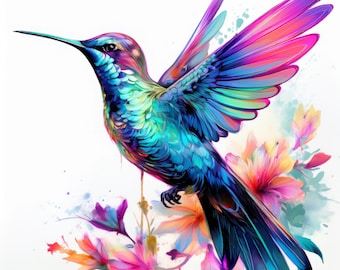 Descarga digital de imágenes prediseñadas de 50 JPG de colibríes iridiscentes de neón para uso comercial (NEONHUMMINGBIRDS251-300)