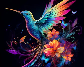 Descarga digital de imágenes prediseñadas de 100 JPG de colibríes iridiscentes de neón para uso comercial (NEONHUMMINGBIRDS101-200)