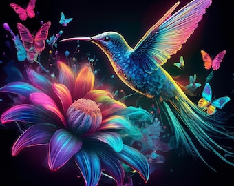 Descarga digital de imágenes prediseñadas en formato JPG de 50 colibríes iridiscentes de neón para uso comercial (NEONHUMMINGBIRDS1-50)