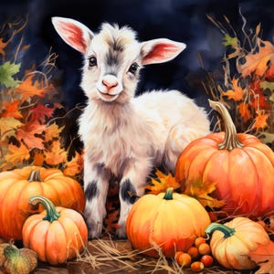 May include: A white goat with black markings stands in a pile of autumn leaves with four pumpkins. The pumpkins are orange and yellow and are various sizes.