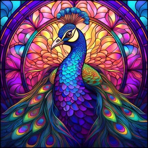 May include: A stained glass peacock with a vibrant blue, purple, and green plumage. The peacock is set against a background of colorful stained glass.