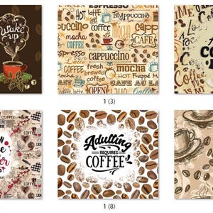 Może przedstawiać: Dziesięć różnych wzorów kwadratowych podkładek pod kubki z motywem kawy. Wzory przedstawiają różne frazy i ilustracje związane z kawą, w tym ziarna kawy, kubki do kawy i powiedzenia kawiarniane.
