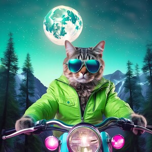 Peut inclure: Un chat portant des lunettes de soleil vertes et une veste verte est en train de conduire une moto sous une pleine lune. Le chat regarde droit devant.