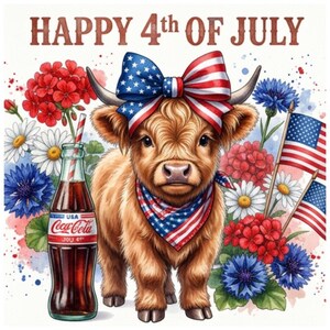 May include: A brown highland calf wearing a patriotic bow and bandana, standing next to a glass Coca-Cola bottle with a striped straw. The scene includes red and white flowers and two American flags, with the text HAPPY 4TH OF JULY above.