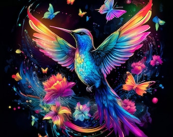 Descarga digital de imágenes prediseñadas de 50 JPG de colibríes iridiscentes de neón para uso comercial (NEONHUMMINGBIRDS51-100)