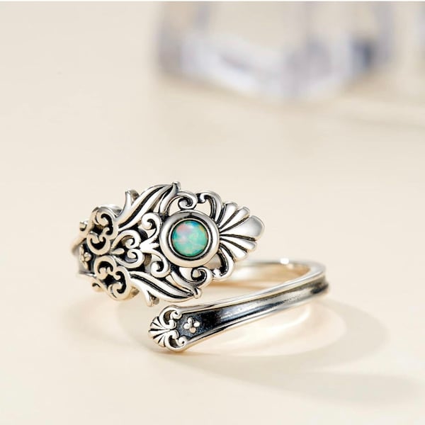 Sterling Silver Opal Spoon Ring  S925 Victorian Vintage Flower Thumb for Women