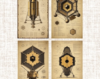 James Webb Telescope, Set of 4, Da Vinci-Inspired Art, Renaissance Schematic Prints, Digital Download, Patent Print, Vintage Decor