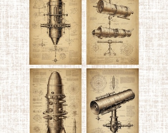 Hubble Telescope Schematics, Set of 4, Da Vinci-Inspired Art, Renaissance Schematic Prints, Digital Download, Patent Print, Vintage Decor