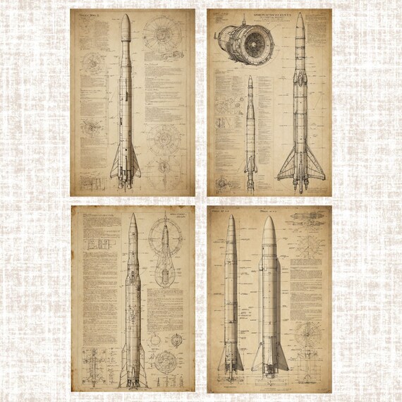 Space Rocket Schematics, Set of 4, Da Vinci-inspired Art 