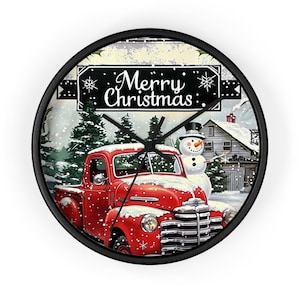 Vintage Roter LKW Weihnachtswanduhr Schneemann Frohe Weihnachten Dekor Rustikale Urlaub Bauernhaus Uhr