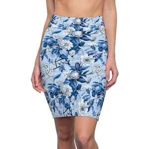 Premium Quality Blue Toile Floral Pencil Skirt Made in USA Chinoiserie High Waist Skirt Made in USA