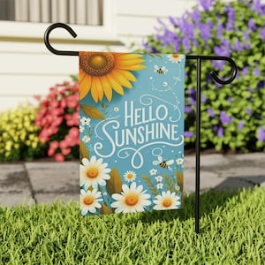 Hello Sunshine Garden Banner, Floral Outdoor Decor, Home Garden Gift, Summer Decoration, Bee & Daisy Theme