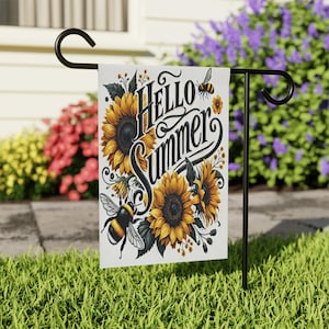 Summer Garden Flag | Hello Summer Decor | Floral House Banner | Outdoor Yard Sign | Sunflower Welcome Flag, Seasonal Home Decoration, Bee