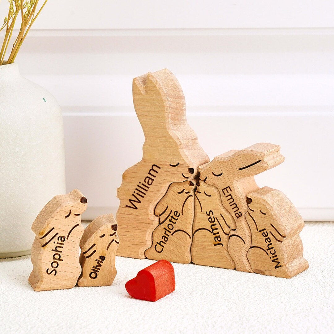 Wooden Bunny Family Puzzle With Personalized Names, Perfect