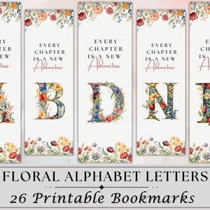 26 Marcadores imprimibles de letras del alfabeto floral, monograma de letras florales de acuarela, Art Nouveau, conjunto de marcadores JPG, sublimaciones de marcadores PNG