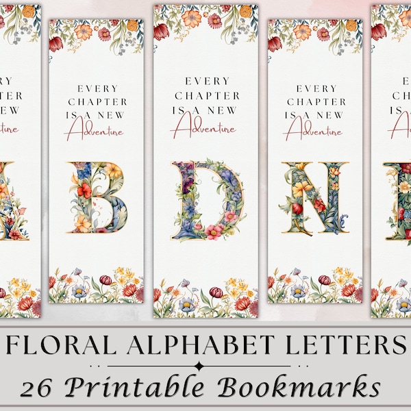 26 Floral Alphabet Letters Printable Bookmarks, Watercolor Floral Letter Monogram, Art Nouveau, JPG Bookmark Set, PNG bookmark sublimations