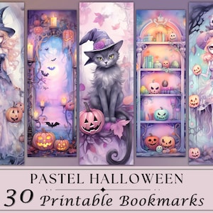 30 Pastel Halloween Printable Bookmarks, Digital Download JPG Bookmark Sheets, Print and Cut, PNG bookmark sublimation, Whimsical bookmark