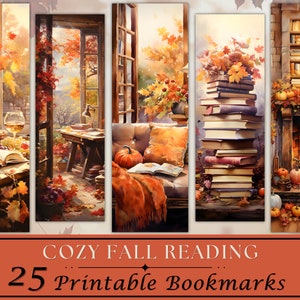 25 Cozy Fall Reading Printable Bookmarks, Digital Download, JPG Bookmark Set, PNG bookmark sublimation, Watercolor Autumn Clipart, Fall PNG