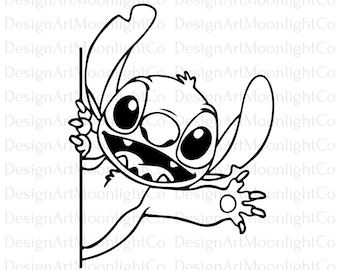 Puede incluir: Ilustración en blanco y negro de Stitch, un personaje alienígena azul de la película de Disney Lilo & Stitch, asomándose por una esquina con una gran sonrisa y un brazo levantado.
