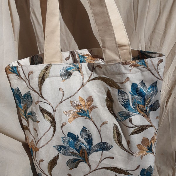 Floral Embroidered Cotton Canvas Tote- white and blue