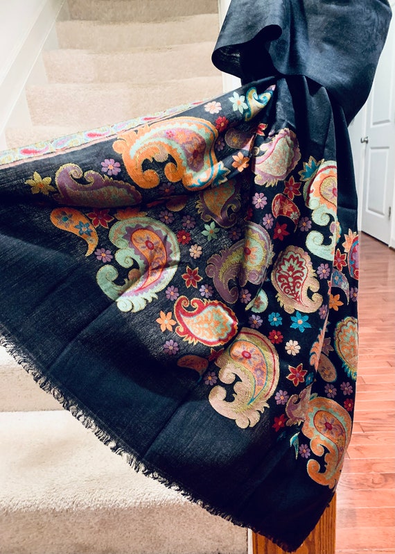Black Shawl|Black Floral Shawl|Scarf Handmade Pashmina|Piano shawl Wrap  Evening wedding pashminas blanket scarf